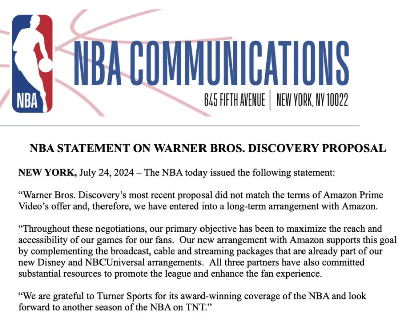 NBA宣布与亚马逊等长期合作 新转播协议价值770亿美元